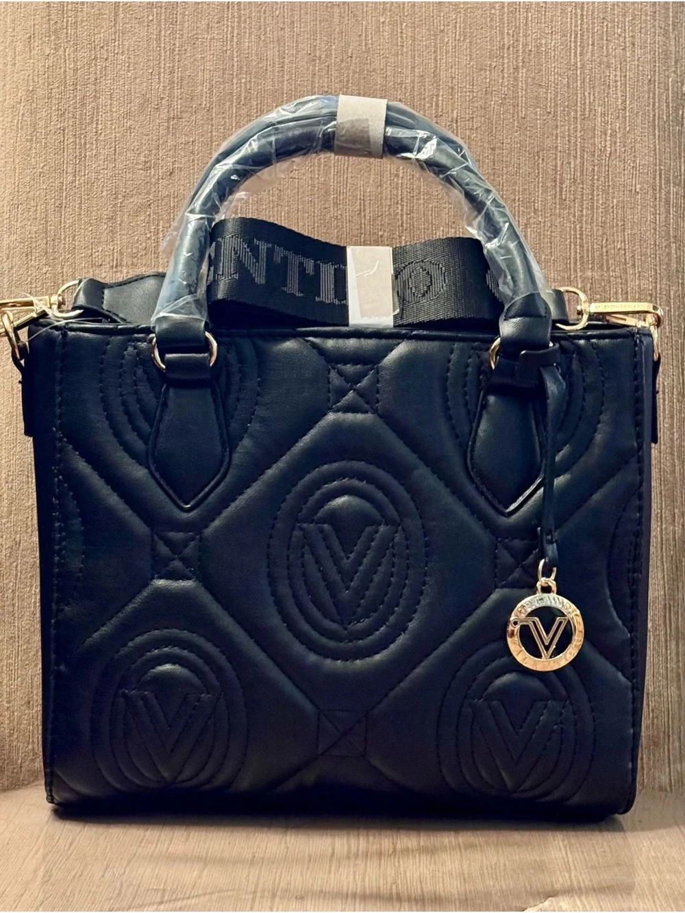 Black Valentino Quilted Top-Handle Tote Bag with Gold Charm